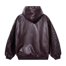 Load image into Gallery viewer, TRIBAL SKULL STUDDED LEATHER BOMBER PURPLE/BLACK
