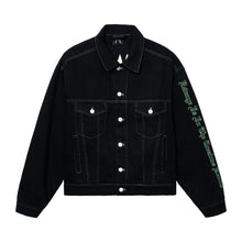 Load image into Gallery viewer, EMERALD EMBROIDERED LOGO BLACK DENIM JACKET
