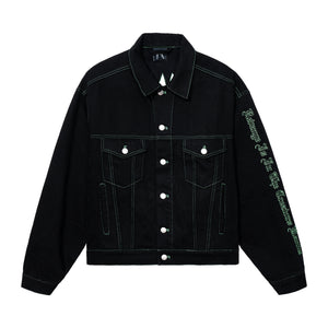 EMERALD EMBROIDERED LOGO BLACK DENIM JACKET