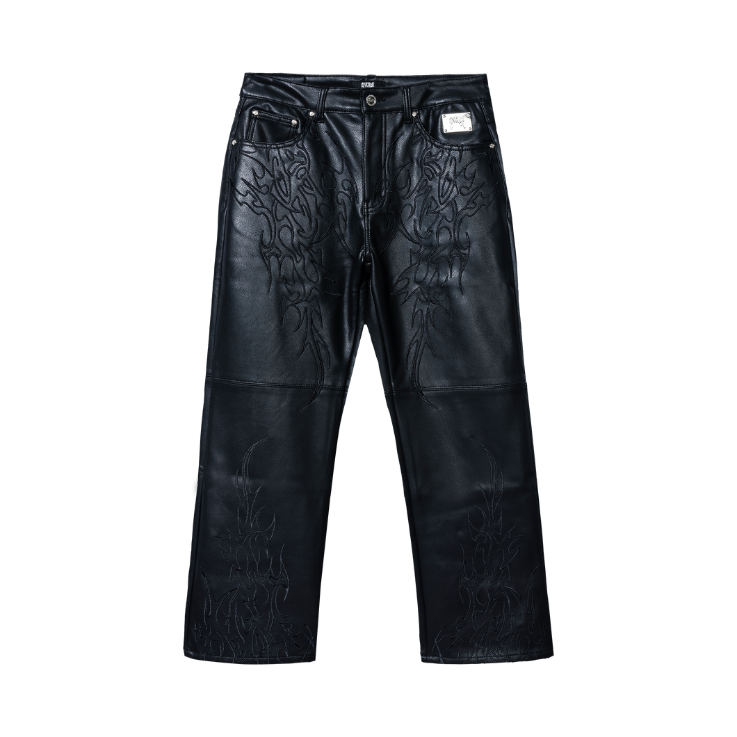 TRIBAL EMBROIDERED LEATHER PANT BLACK