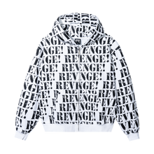 Load image into Gallery viewer, White zip hoodie with repeating REVENGE! in black distressed print
