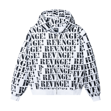 White zip hoodie with repeating REVENGE! in black distressed print