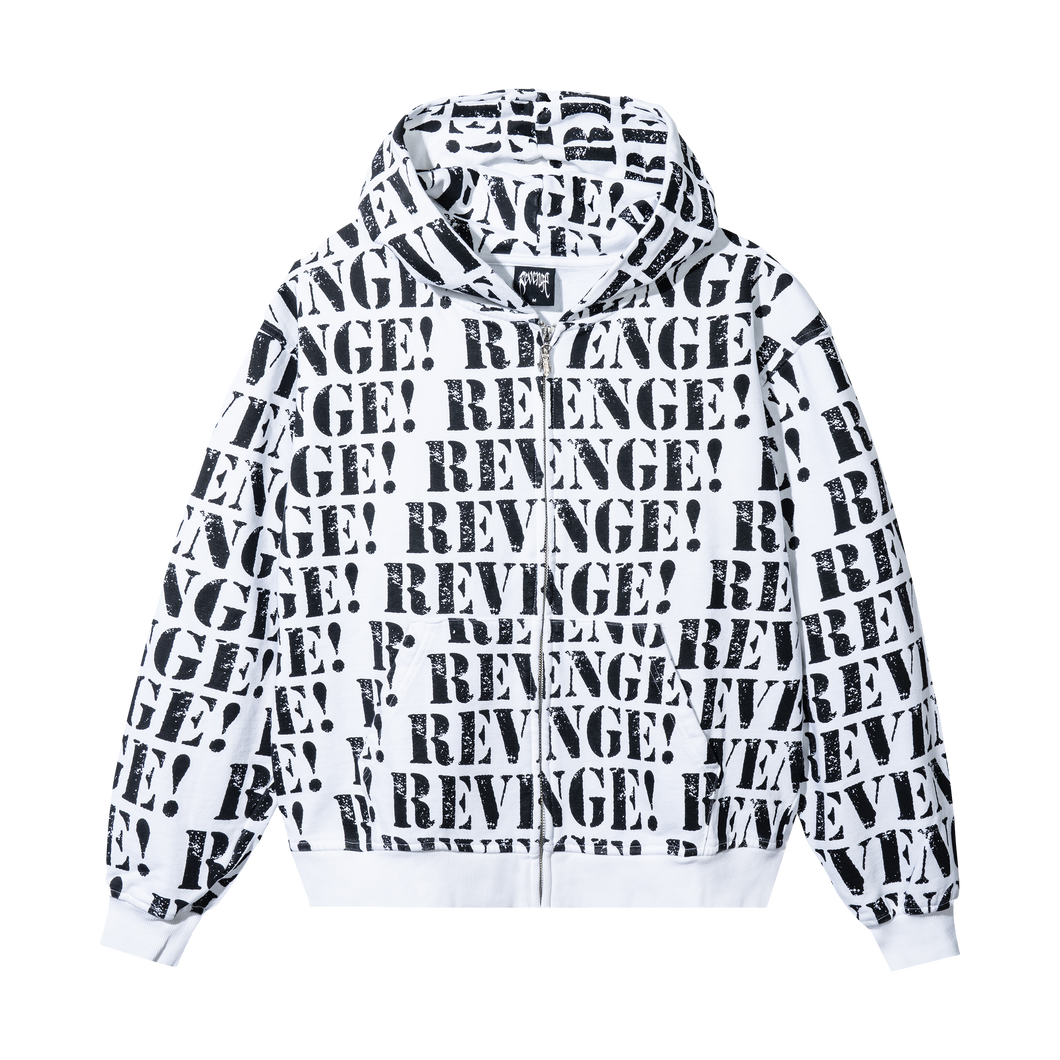 White zip hoodie with repeating REVENGE! in black distressed print