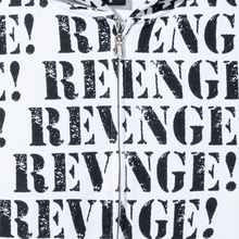 Load image into Gallery viewer, Close up of a white zip hoodie with repeating REVENGE! in black distressed print and silver angel zipper puller
