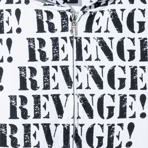 Close up of a white zip hoodie with repeating REVENGE! in black distressed print and silver angel zipper puller