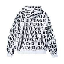 Load image into Gallery viewer, Back of a white zip hoodie with repeating REVENGE! in black distressed print
