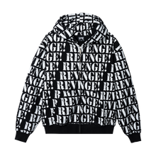Load image into Gallery viewer, Black zip hoodie with repeating REVENGE! in white distressed print
