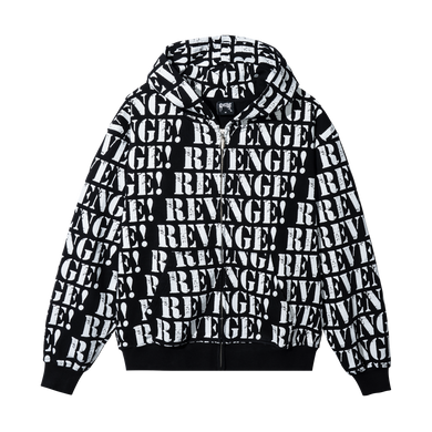 Black zip hoodie with repeating REVENGE! in white distressed print
