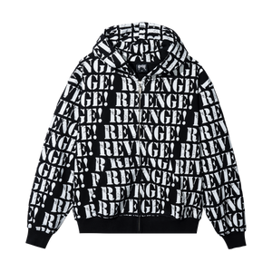 Black zip hoodie with repeating REVENGE! in white distressed print