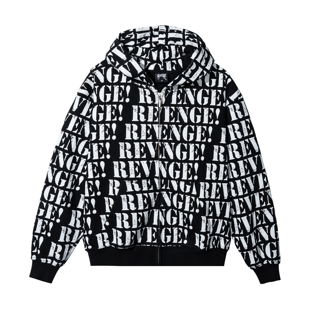 Black zip hoodie with repeating REVENGE! in white distressed print