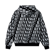 Load image into Gallery viewer, Back of a black zip hoodie with repeating REVENGE! in white distressed print
