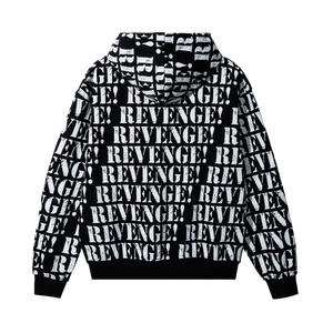 Back of a black zip hoodie with repeating REVENGE! in white distressed print