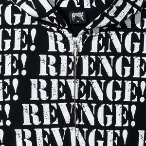 Close up of a black zip hoodie with repeating REVENGE! in white distressed print
