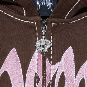 CONTRAST EMBROIDERED ZIP HOODIE BROWN/PINK