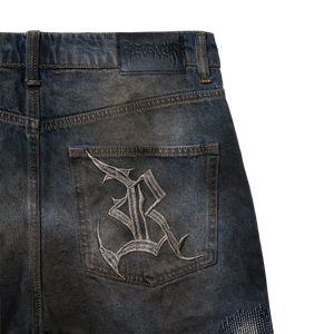 DISTRESSED PATCHWORK DENIM PANT DIRTY INDIGO