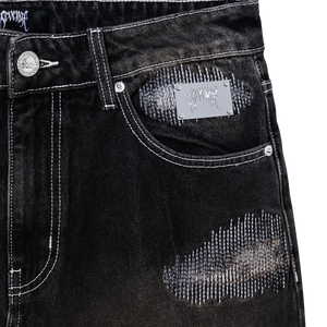 DISTRESSED PATCHWORK DENIM PANT DIRTY BLACK