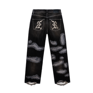 DISTRESSED PATCHWORK DENIM PANT DIRTY BLACK