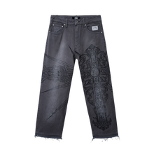 Load image into Gallery viewer, SPIKE CROSS EMBROIDERED DENIM PANT GREY
