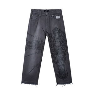 SPIKE CROSS EMBROIDERED DENIM PANT GREY