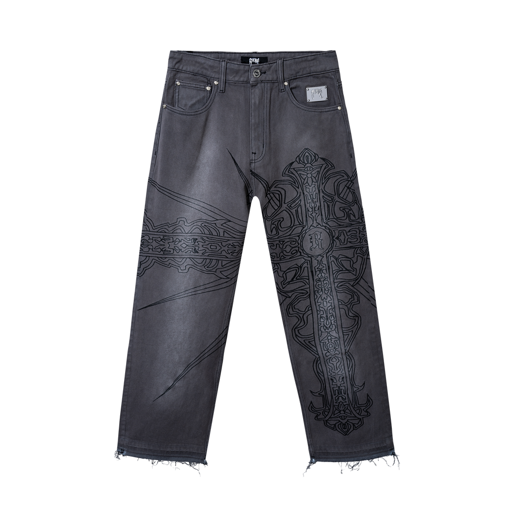 SPIKE CROSS EMBROIDERED DENIM PANT GREY