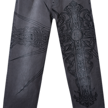 Load image into Gallery viewer, SPIKE CROSS EMBROIDERED DENIM PANT GREY
