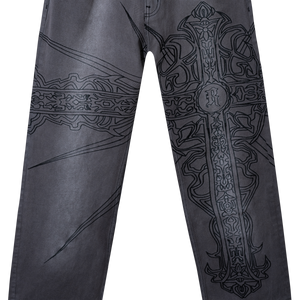 SPIKE CROSS EMBROIDERED DENIM PANT GREY
