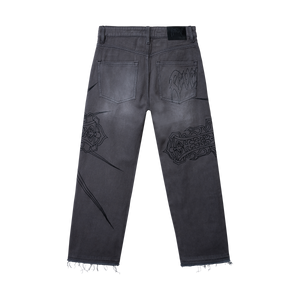 SPIKE CROSS EMBROIDERED DENIM PANT GREY