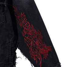 Load image into Gallery viewer, TRIBAL CROSS DENIM JACKET BLACK/RED
