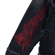 Load image into Gallery viewer, TRIBAL CROSS DENIM JACKET BLACK/RED
