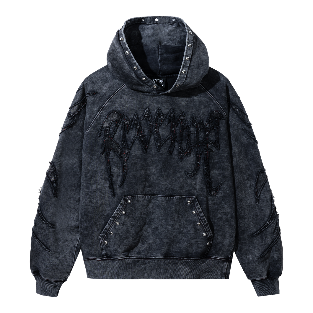 VINTAGE ARCH LOGO STUDDED HOODIE WASHED BLACK/RED