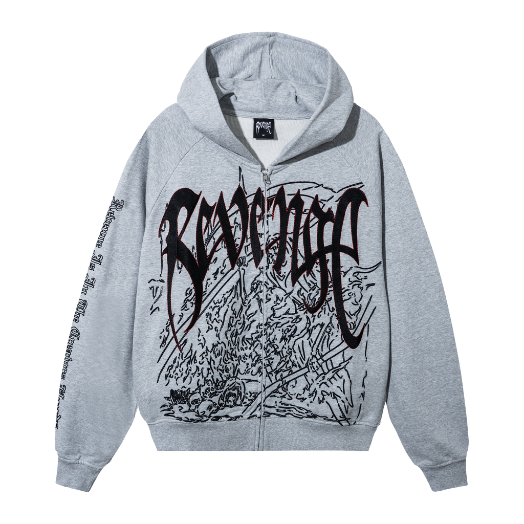 DOOM EMBROIDERED RAGLAN ZIP WASHED HEATHER GREY/RED