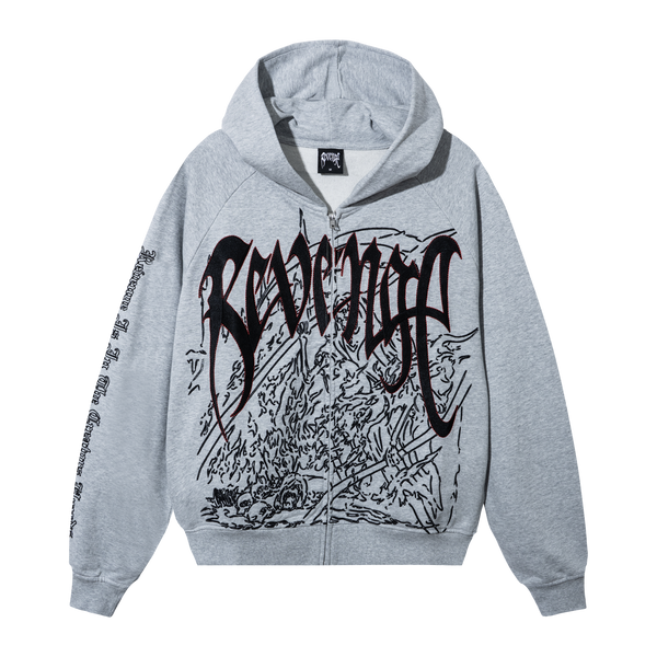 DOOM EMBROIDERED RAGLAN ZIP WASHED HEATHER GREY/RED
