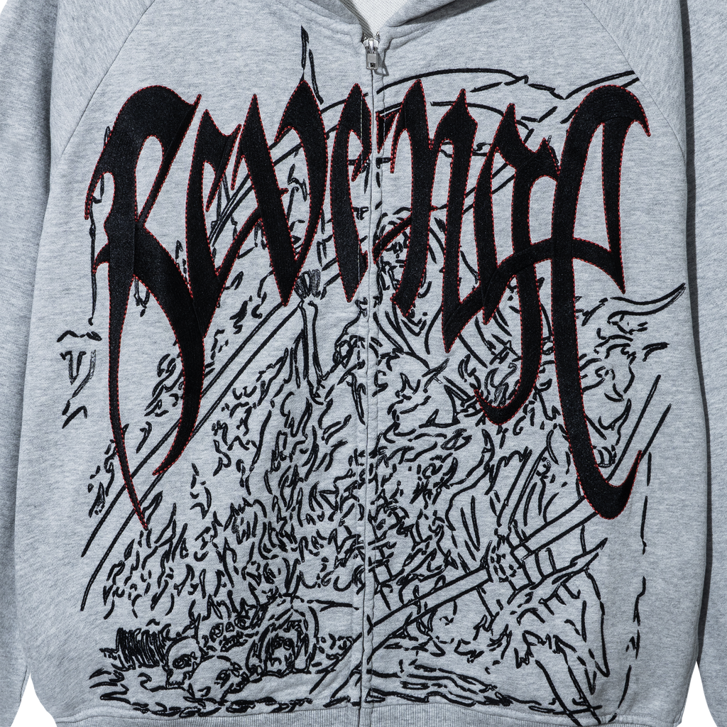 DOOM EMBROIDERED RAGLAN ZIP WASHED HEATHER GREY/RED