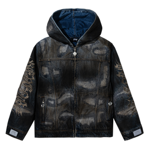 DISTRESSED PATCHWORK DENIM ZIP JACKET DIRTY INDIGO