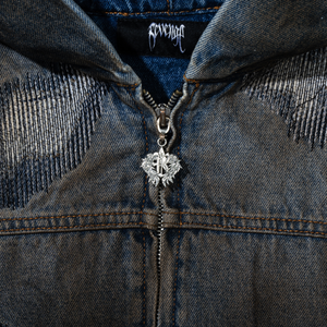 DISTRESSED PATCHWORK DENIM ZIP JACKET DIRTY INDIGO
