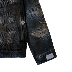 DISTRESSED PATCHWORK DENIM ZIP JACKET DIRTY INDIGO