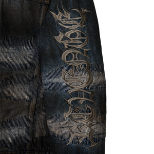 DISTRESSED PATCHWORK DENIM ZIP JACKET DIRTY INDIGO