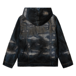 DISTRESSED PATCHWORK DENIM ZIP JACKET DIRTY INDIGO