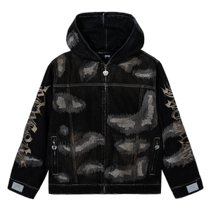 DISTRESSED PATCHWORK DENIM ZIP JACKET DIRTY BLACK