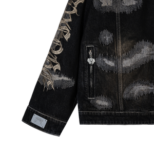 DISTRESSED PATCHWORK DENIM ZIP JACKET DIRTY BLACK