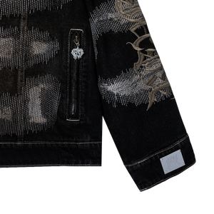 DISTRESSED PATCHWORK DENIM ZIP JACKET DIRTY BLACK