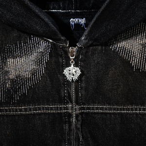 DISTRESSED PATCHWORK DENIM ZIP JACKET DIRTY BLACK