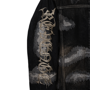 DISTRESSED PATCHWORK DENIM ZIP JACKET DIRTY BLACK