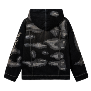 DISTRESSED PATCHWORK DENIM ZIP JACKET DIRTY BLACK