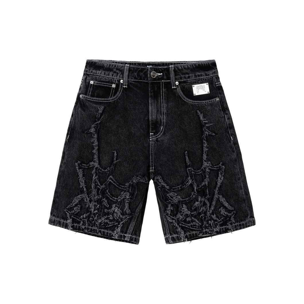 SPIDER WEB EMBROIDERED DENIM SHORT BLACK