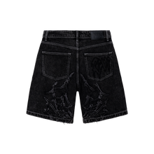 Load image into Gallery viewer, SPIDER WEB EMBROIDERED DENIM SHORT BLACK
