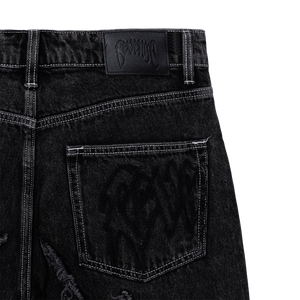 SPIDER WEB EMBROIDERED DENIM SHORT BLACK