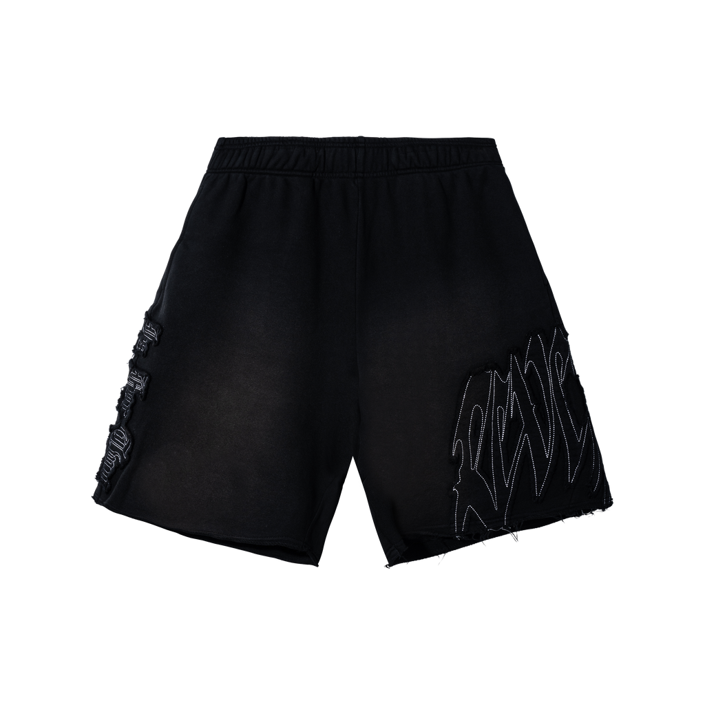 RAW EDGE ARCH LOGO EMBROIDERED SWEATSHORTS WASHED BLACK