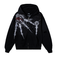 Load image into Gallery viewer, Black zip hoodie with white and red graphic design
