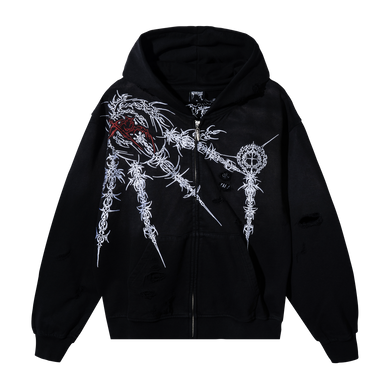 Black zip hoodie with white and red graphic design